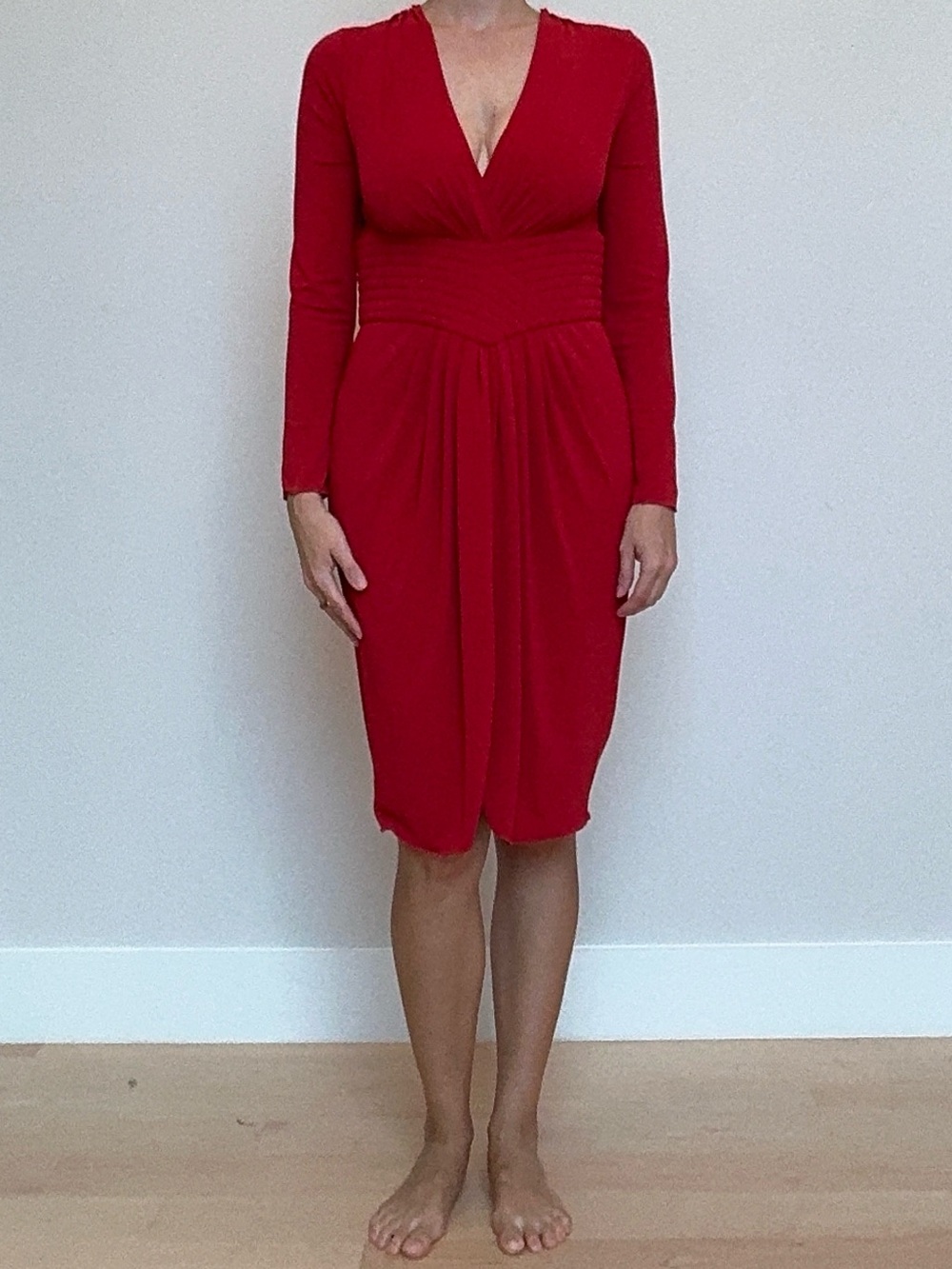 Vintage Armani Collezioni Red Long-Sleeve V-Neck Bodice Waist Dress